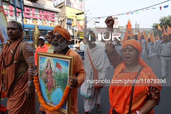 The Vishwa Hindu Parishad holds a protest rally condemning the recent arrest of prominent Hindu leader Krishna Das Prabhu and the alleged at...