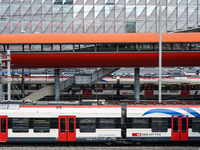 The bustling Geneva railway station in Geneva, Switzerland, on April 1, 2024, features sleek trains.   (