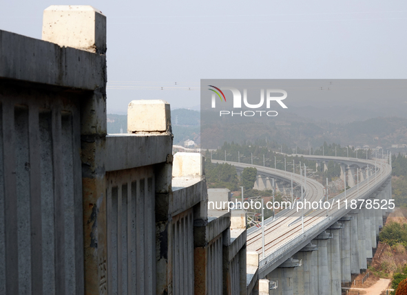 The Yichang-Xingshan High-Speed Railway, under construction, is fully closed and is scheduled to open in 2025 in Yichang, Hubei province, Ch...