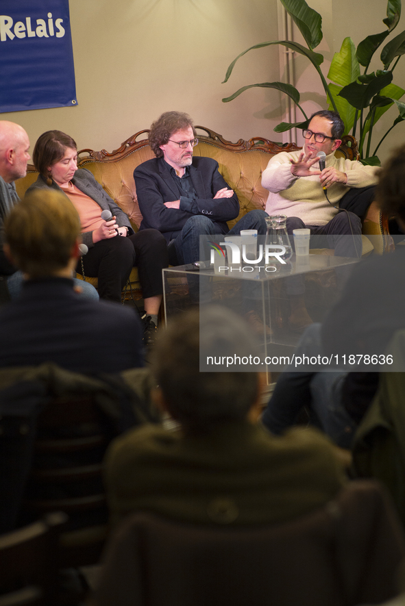 Benoit Hamon (right), President of ESS France, delivers a speech at the round table on 'Ecological debt and the SSE: relearning how to count...