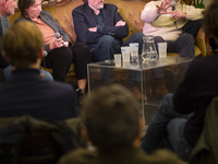 Benoit Hamon (right), President of ESS France, delivers a speech at the round table on 'Ecological debt and the SSE: relearning how to count...