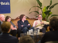 Benoit Hamon (right), President of ESS France, delivers a speech at the round table on 'Ecological debt and the SSE: relearning how to count...