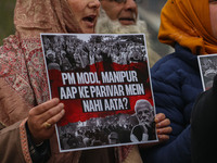 Members of the youth wing of the Indian National Congress party shout slogans and hold placards during a protest in Srinagar, Jammu and Kash...