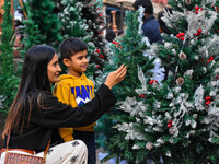 A mother and child check out Christmas trees at a marketplace ahead of Christmas in Kolkata, India, on December 18, 2024. (