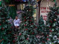 A shop sells Christmas trees at a market ahead of Christmas in Kolkata, India, on December 18, 2024. (