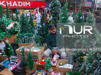 A shop sells Christmas trees at a market ahead of Christmas in Kolkata, India, on December 18, 2024. (