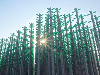 More than 30,000 green plastic beer bottles form a ''beer jungle'' by Tangdao Bay in the West Coast New District of Qingdao, Shandong provin...