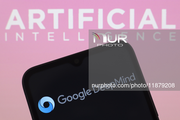 The Google DeepMind logo appears on a smartphone screen, and in the background, the text Artificial Intelligence is visible, in this illustr...