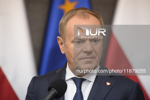 Polish Prime Minister Donald Tusk holds a press conference before his departure to Brussels in Warsaw, Poland, on December 18, 2024. 