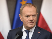 Polish Prime Minister Donald Tusk holds a press conference before his departure to Brussels in Warsaw, Poland, on December 18, 2024. (