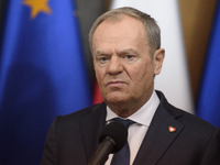 Polish Prime Minister Donald Tusk holds a press conference before his departure to Brussels in Warsaw, Poland, on December 18, 2024. (