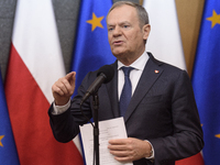 Polish Prime Minister Donald Tusk holds a press conference before his departure to Brussels in Warsaw, Poland, on December 18, 2024. (