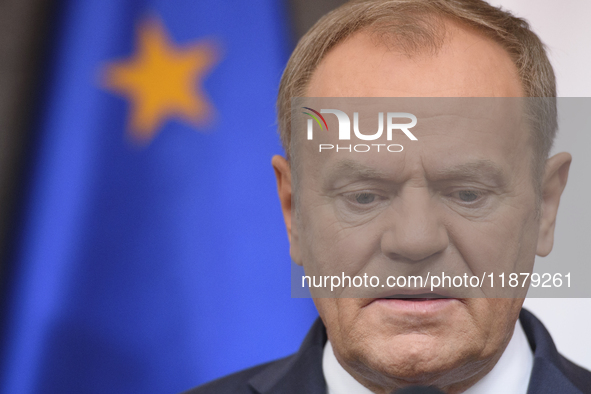 Polish Prime Minister Donald Tusk holds a press conference before his departure to Brussels in Warsaw, Poland, on December 18, 2024. 