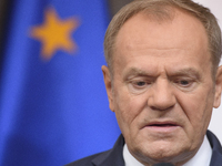 Polish Prime Minister Donald Tusk holds a press conference before his departure to Brussels in Warsaw, Poland, on December 18, 2024. (