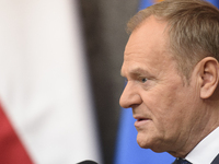 Polish Prime Minister Donald Tusk holds a press conference before his departure to Brussels in Warsaw, Poland, on December 18, 2024. (