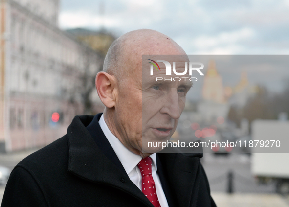 Secretary of State for Defense of the United Kingdom John Healey gives an interview to a Ukrinform correspondent in Sofiiska Square in Kyiv,...