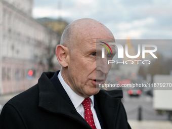 Secretary of State for Defense of the United Kingdom John Healey gives an interview to a Ukrinform correspondent in Sofiiska Square in Kyiv,...