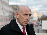 Secretary of State for Defense of the United Kingdom John Healey gives an interview to a Ukrinform correspondent in Sofiiska Square in Kyiv,...