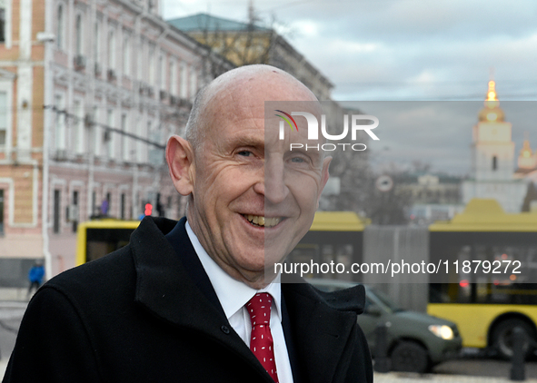 Secretary of State for Defense of the United Kingdom John Healey gives an interview to a Ukrinform correspondent in Sofiiska Square in Kyiv,...