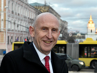 Secretary of State for Defense of the United Kingdom John Healey gives an interview to a Ukrinform correspondent in Sofiiska Square in Kyiv,...