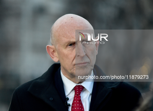 Secretary of State for Defense of the United Kingdom John Healey gives an interview to a Ukrinform correspondent in Sofiiska Square in Kyiv,...