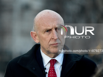 Secretary of State for Defense of the United Kingdom John Healey gives an interview to a Ukrinform correspondent in Sofiiska Square in Kyiv,...