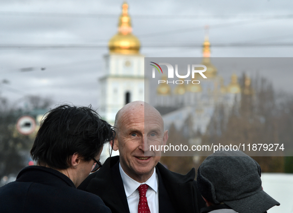 Secretary of State for Defense of the United Kingdom John Healey gives an interview to a Ukrinform correspondent in Sofiiska Square in Kyiv,...