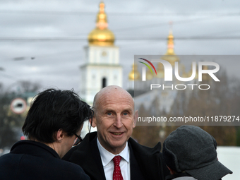 Secretary of State for Defense of the United Kingdom John Healey gives an interview to a Ukrinform correspondent in Sofiiska Square in Kyiv,...