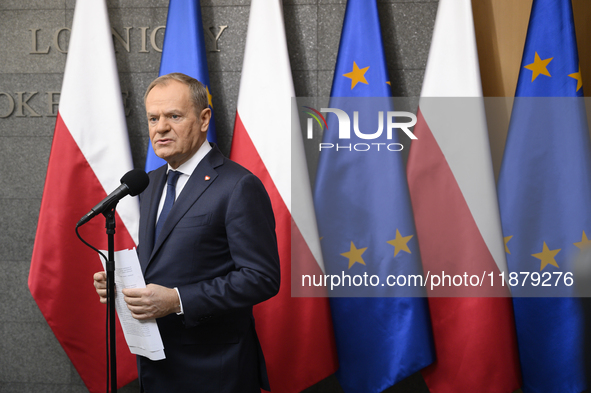 Polish Prime Minister Donald Tusk holds a press conference before his departure to Brussels in Warsaw, Poland, on December 18, 2024. 