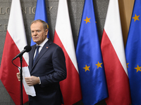 Polish Prime Minister Donald Tusk holds a press conference before his departure to Brussels in Warsaw, Poland, on December 18, 2024. (