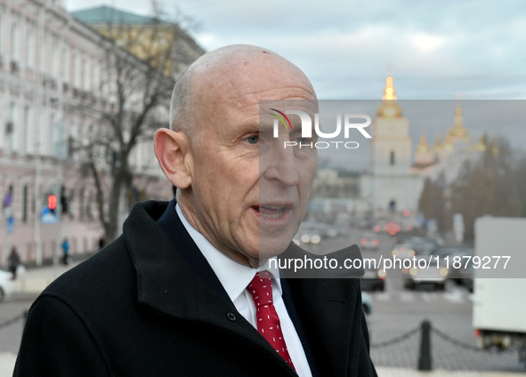 Secretary of State for Defense of the United Kingdom John Healey gives an interview to a Ukrinform correspondent in Sofiiska Square in Kyiv,...