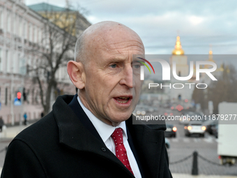 Secretary of State for Defense of the United Kingdom John Healey gives an interview to a Ukrinform correspondent in Sofiiska Square in Kyiv,...