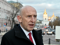 Secretary of State for Defense of the United Kingdom John Healey gives an interview to a Ukrinform correspondent in Sofiiska Square in Kyiv,...