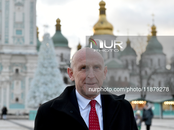 Secretary of State for Defense of the United Kingdom John Healey gives an interview to a Ukrinform correspondent in Sofiiska Square in Kyiv,...