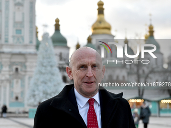 Secretary of State for Defense of the United Kingdom John Healey gives an interview to a Ukrinform correspondent in Sofiiska Square in Kyiv,...