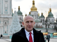 Secretary of State for Defense of the United Kingdom John Healey gives an interview to a Ukrinform correspondent in Sofiiska Square in Kyiv,...