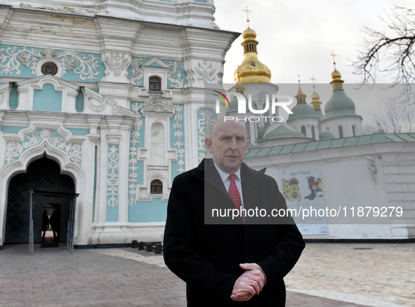 Secretary of State for Defense of the United Kingdom John Healey gives an interview to a Ukrinform correspondent in Sofiiska Square in Kyiv,...