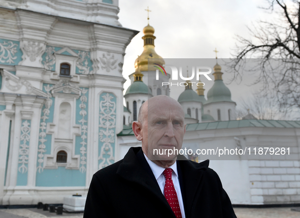 Secretary of State for Defense of the United Kingdom John Healey gives an interview to a Ukrinform correspondent in Sofiiska Square in Kyiv,...