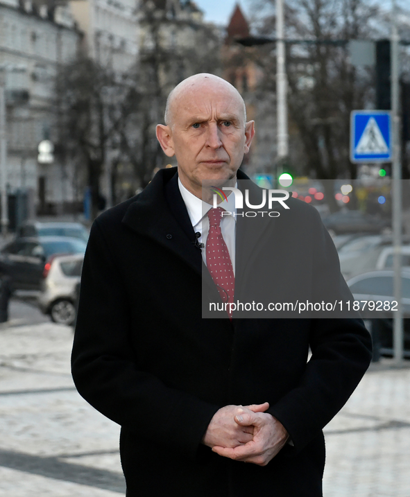 Secretary of State for Defense of the United Kingdom John Healey gives an interview to a Ukrinform correspondent in Sofiiska Square in Kyiv,...