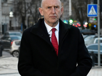 Secretary of State for Defense of the United Kingdom John Healey gives an interview to a Ukrinform correspondent in Sofiiska Square in Kyiv,...