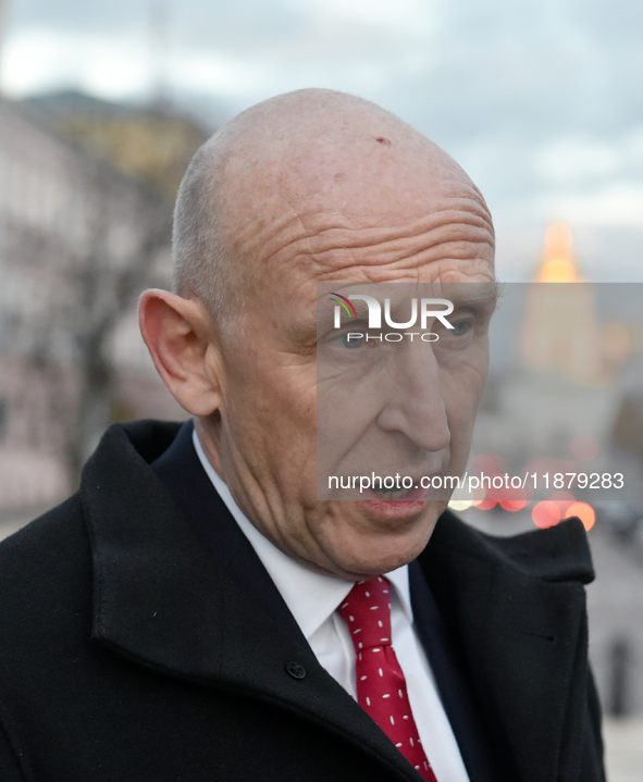 Secretary of State for Defense of the United Kingdom John Healey gives an interview to a Ukrinform correspondent in Sofiiska Square in Kyiv,...