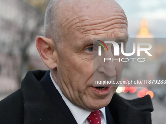 Secretary of State for Defense of the United Kingdom John Healey gives an interview to a Ukrinform correspondent in Sofiiska Square in Kyiv,...