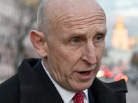 Secretary of State for Defense of the United Kingdom John Healey gives an interview to a Ukrinform correspondent in Sofiiska Square in Kyiv,...