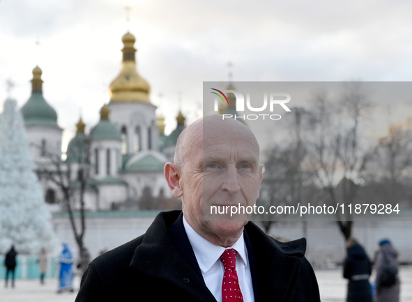 Secretary of State for Defense of the United Kingdom John Healey gives an interview to a Ukrinform correspondent in Sofiiska Square in Kyiv,...