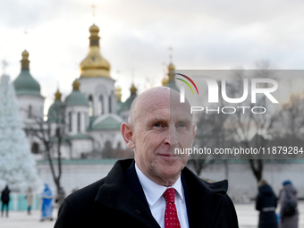 Secretary of State for Defense of the United Kingdom John Healey gives an interview to a Ukrinform correspondent in Sofiiska Square in Kyiv,...