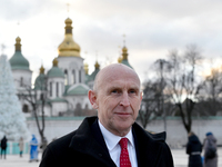 Secretary of State for Defense of the United Kingdom John Healey gives an interview to a Ukrinform correspondent in Sofiiska Square in Kyiv,...