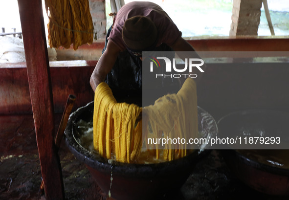 A weaver removes water from threads after coloring them, before they dry, for making a saree, a traditional cloth used for women's clothing,...