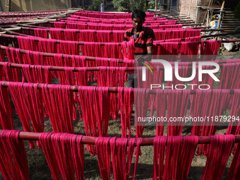 A weaver dries threads before weaving a saree, a traditional cloth used for women's clothing, at a workshop in Santipur town, about 80 km fr...