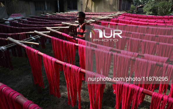 A weaver dries threads before weaving a saree, a traditional cloth used for women's clothing, at a workshop in Santipur town, about 80 km fr...