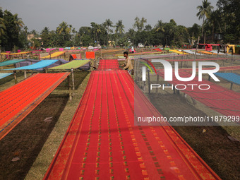 Weavers arrange sarees, a traditional cloth used for women's clothing, as they hang them out to dry after weaving at a workshop in Santipur...